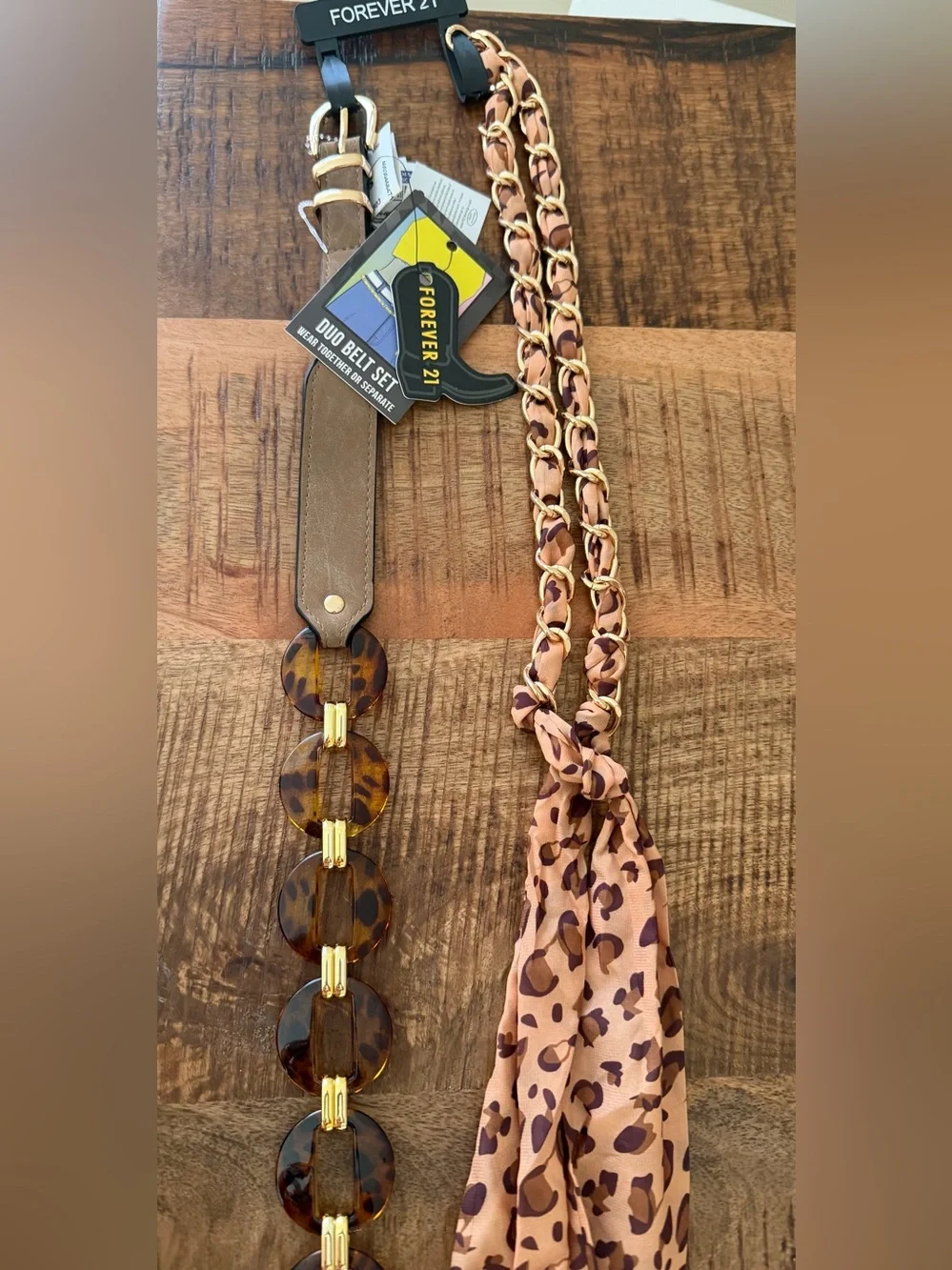 Forever 21 Leopard Print Scarf and Tortoiseshell Accent Duo Belt Set Size L/XL
